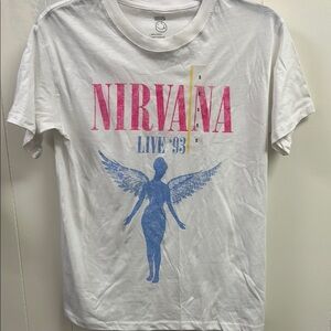 NIRVANA White Tee‎ with Pink and Blue Print